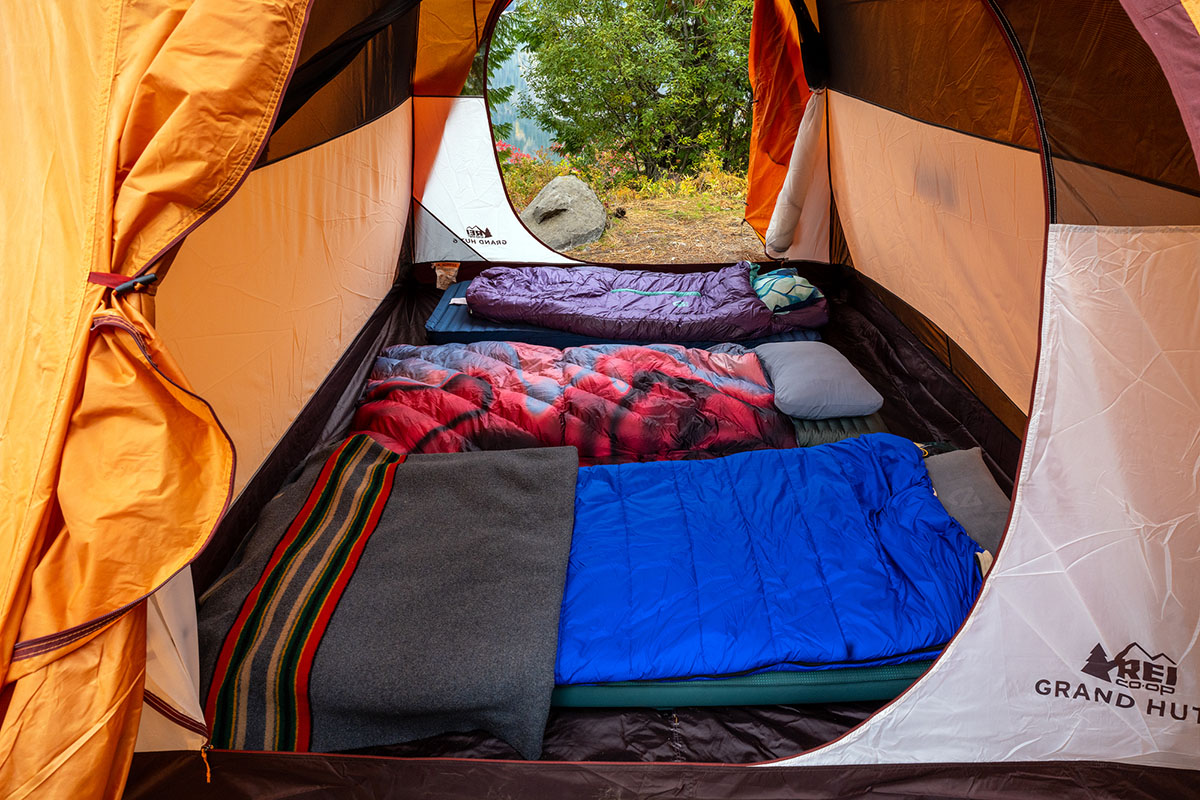 Adventure Gear Shop -Adventure Gear Shop Camping sleeping bags inside REI Grand Hut 6 tent